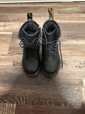 Dr. Martens Kids Black Ankle Combat Boots with Yellow Heel Loop